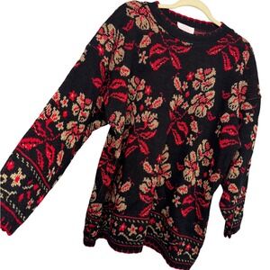 VTG Womens XL Red‎ Black Ugly Sweater Floral Bow Metallic Lurex Festive Boho USA